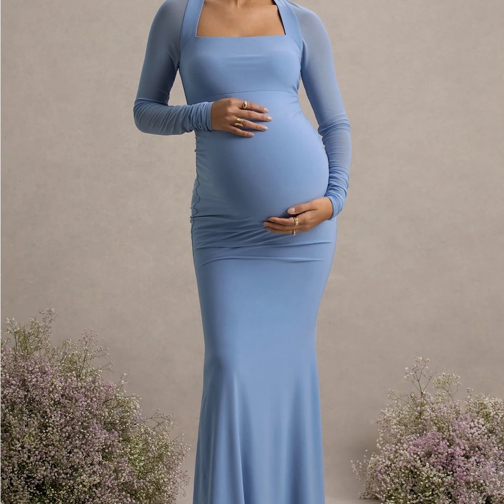 CLUB L LONDON ABEAM Powder Blue Maternity Maxi Dress with Sheer Sleeves